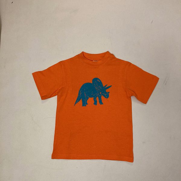 Kids' dinosaur t-shirt, orange (with blue print)