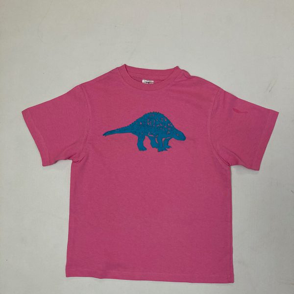 Kids' dinosaur t-shirt, pink (with blue print)